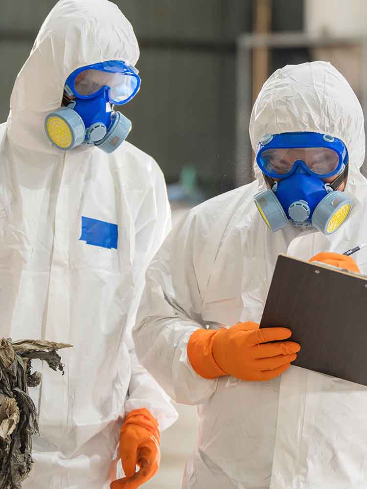 environmental health and safety workers in hazard dress and masks taking notes
