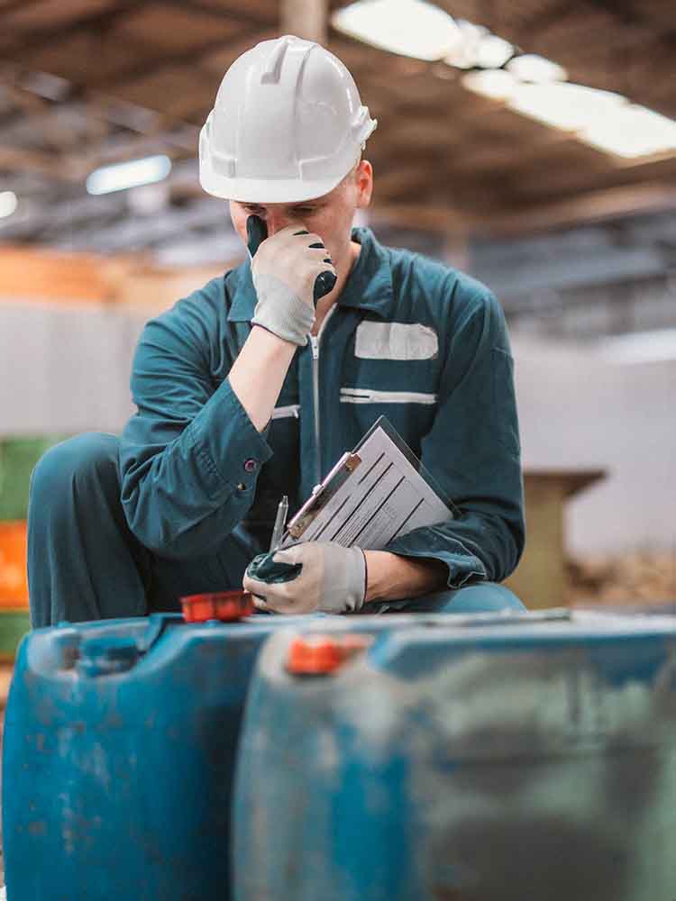 environmental health and safety worker covering nose from hazard smell in warehouse